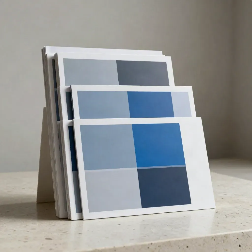Stacked homepage banner boards with translucent spacers on travertine in a soft studio setting.