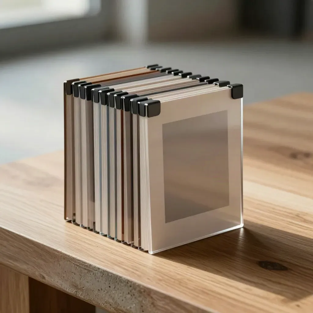 LinkedIn post kit cards, corner clips and acrylic guide on walnut and concrete
