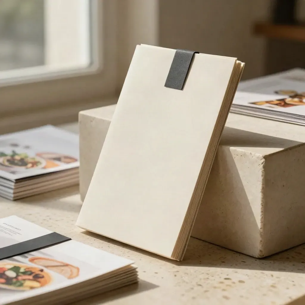 Folded menu flyer samples leaning on plaster in soft window light.