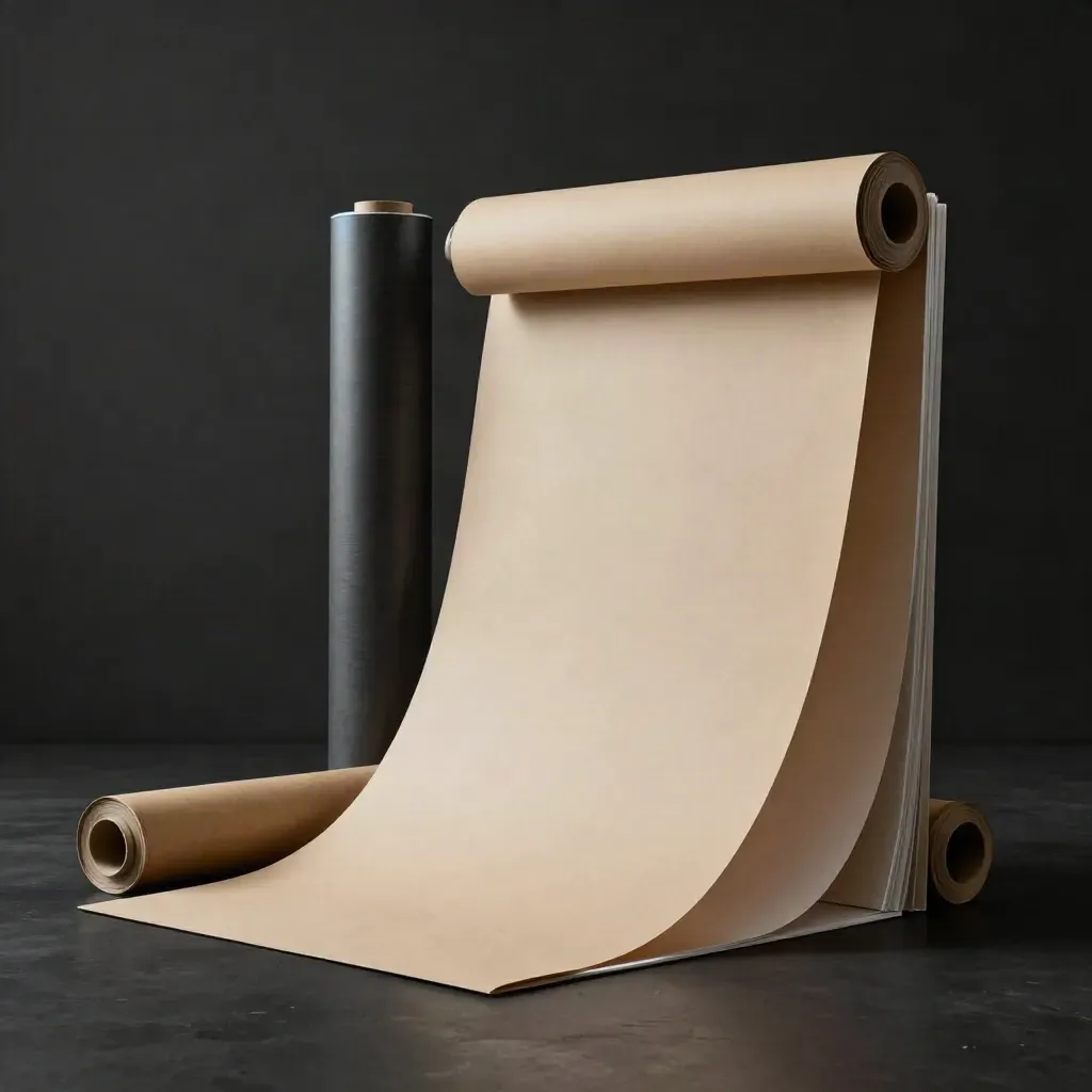 Rolled poster tubes with one large board unfurling diagonally in a dark studio.