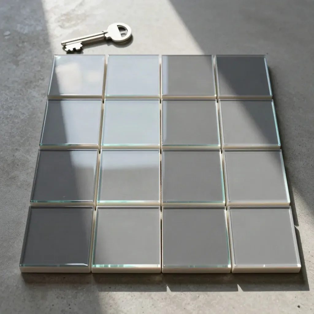 Overhead grid of twelve glossy reel cover tiles on concrete with acrylic spacers and cyan reflections.