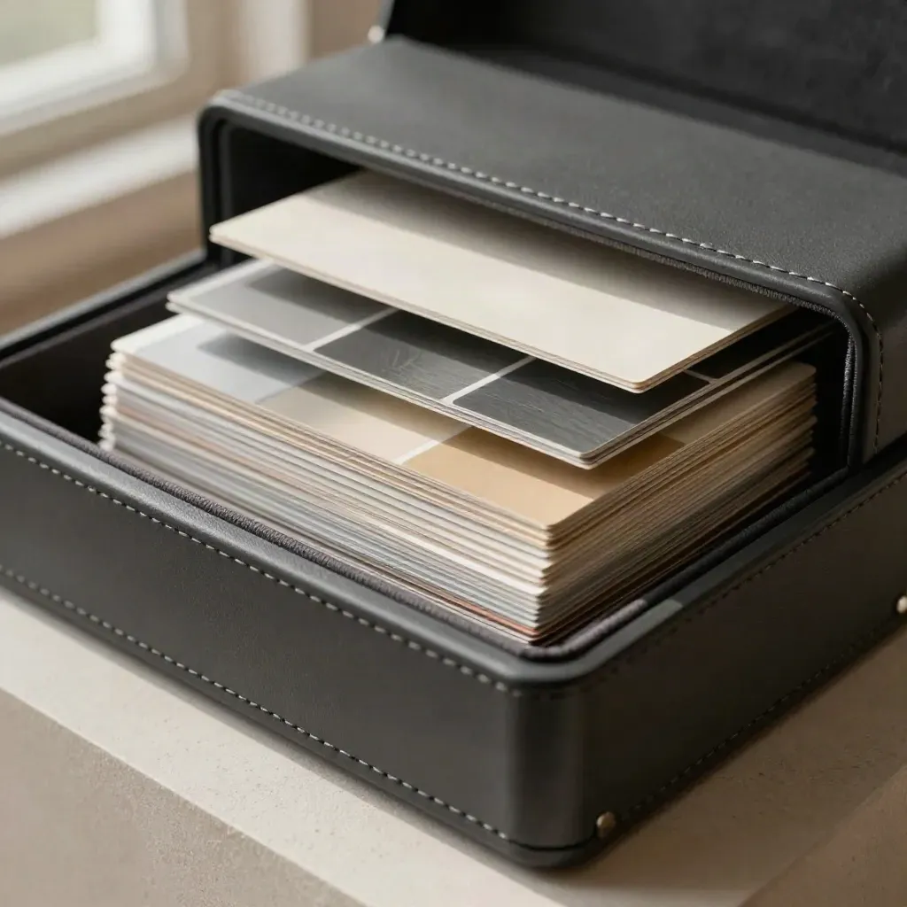 Open charcoal rebrand kit case with logo tiles, social cards and swatch chips in soft macro light