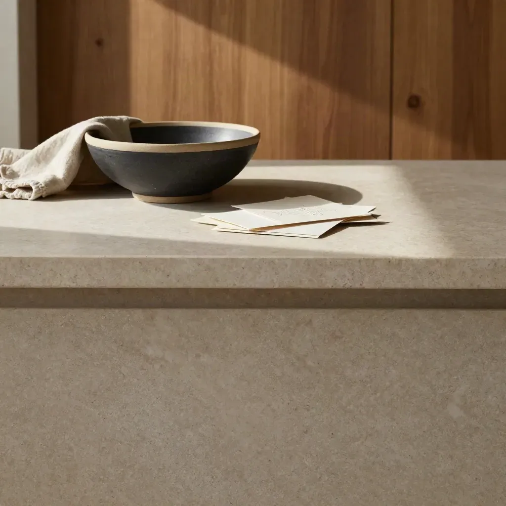 Travertine counter with ceramic bowl, linen and paper swatches beside an oak wall