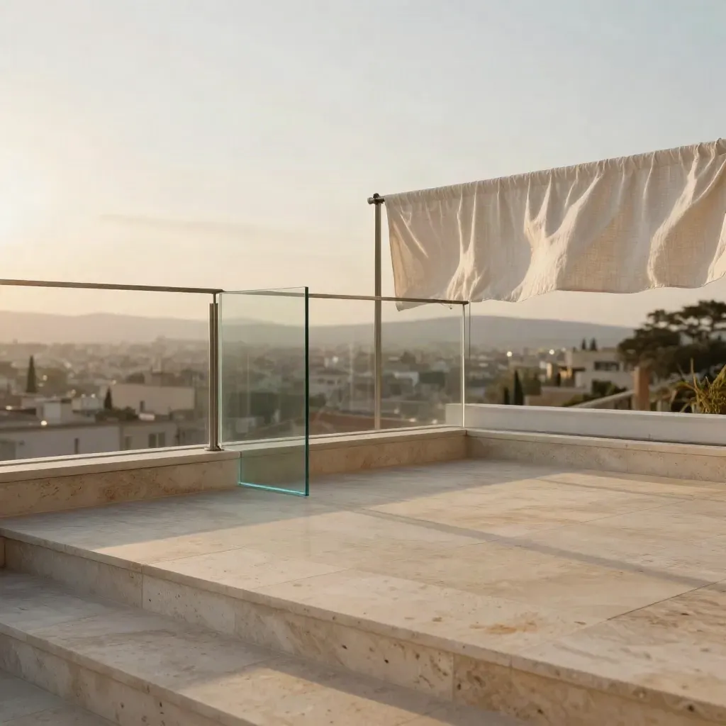 Sunlit rooftop terrace with glass fins and linen over pale stone, city haze beyond.