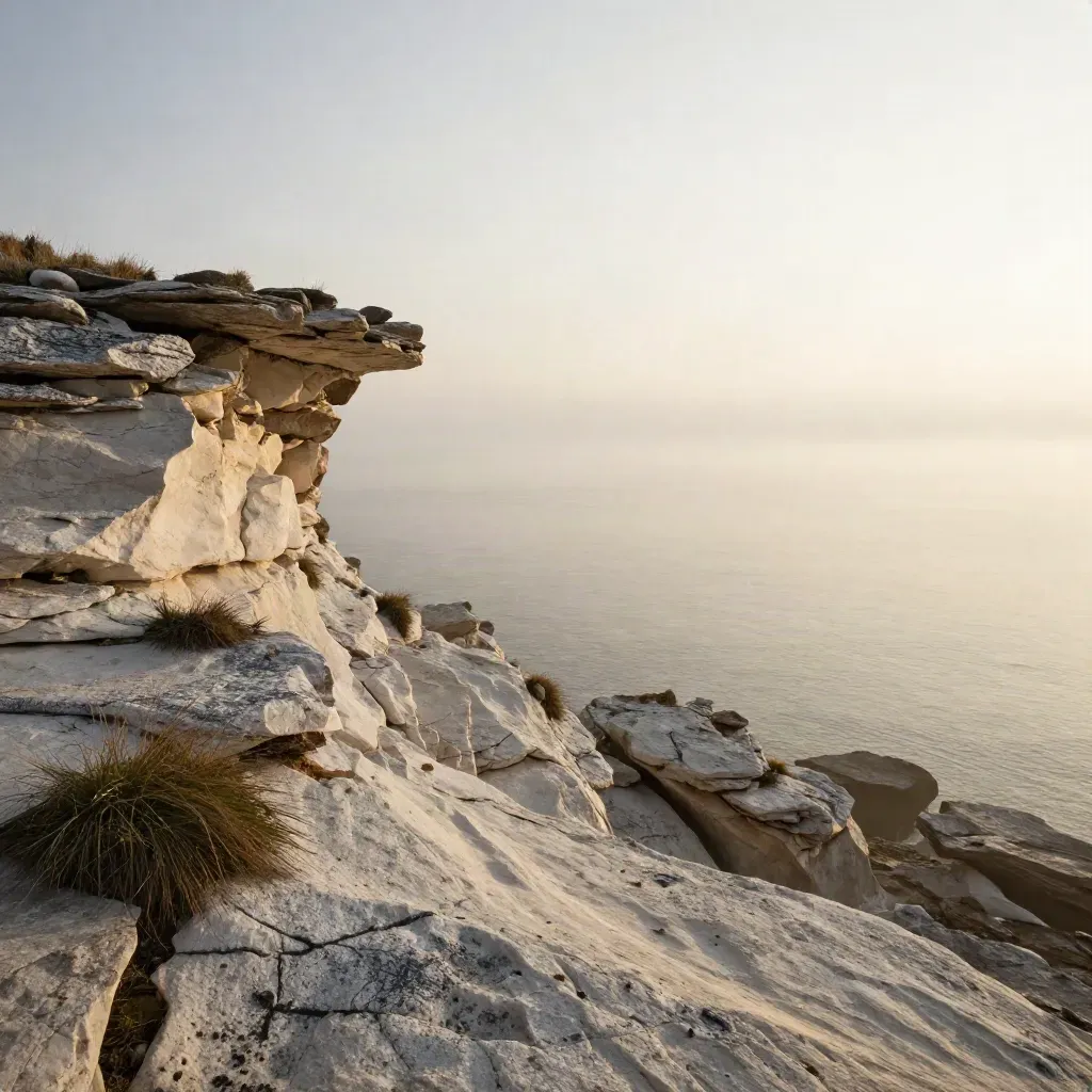 Limestone coastal overlook with grasses and wet rock under clearing dawn mist.