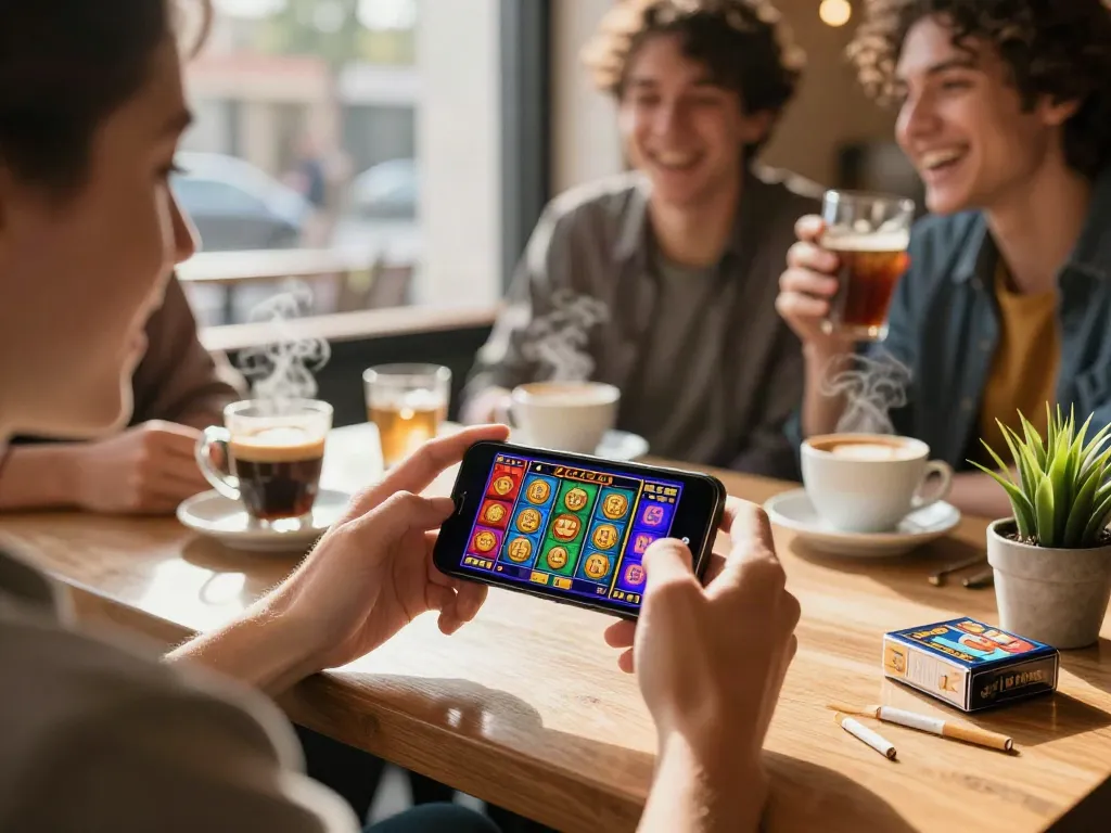 Person enjoying luxury12 slot games at a coffee shop while friends socialize and relax.
