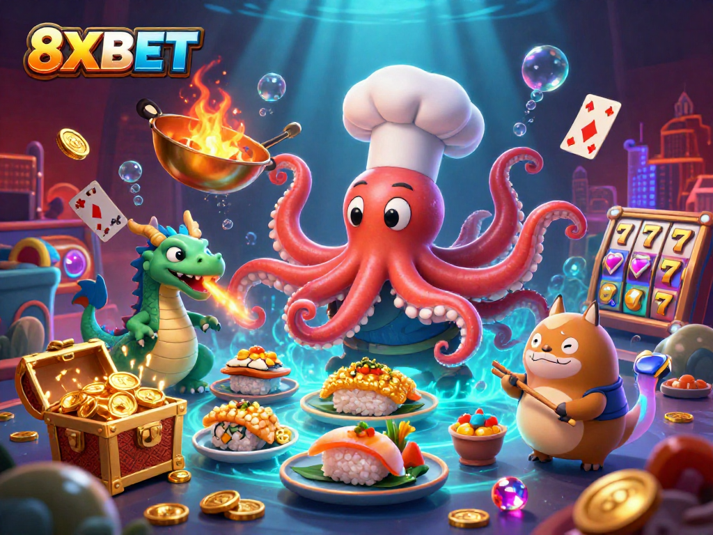 Engage with thrilling games at 8XBET, where a dynamic 3D scene features vibrant casino elements and characters.
