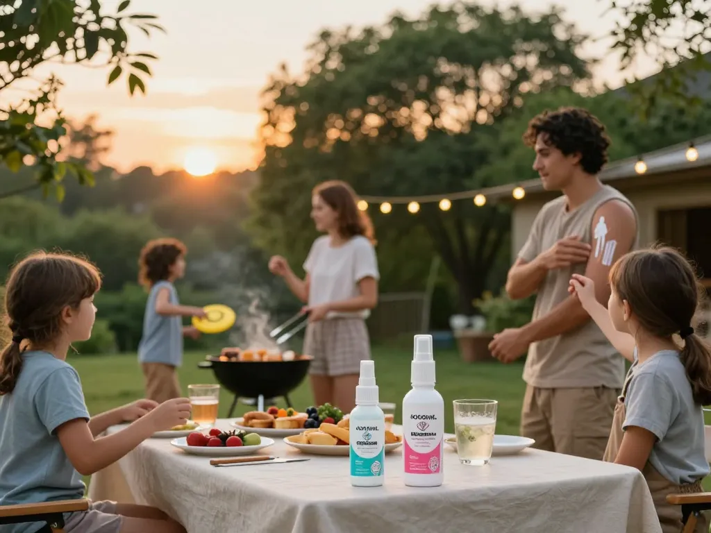 Family using mosquito repellent during a summer barbecue outdoors with soft sunset lighting.