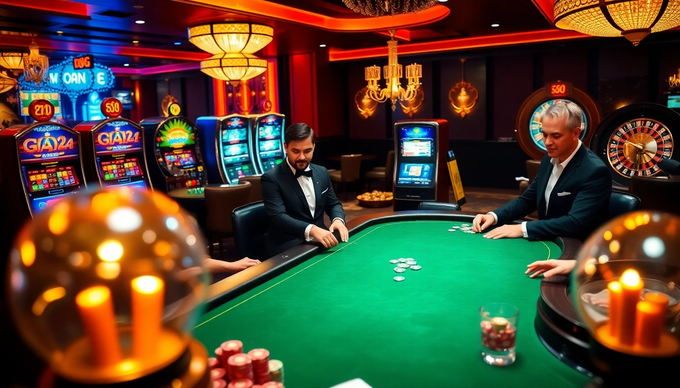 High-stakes poker at a luxurious GO8-themed casino, featuring stylish players and vibrant atmosphere.