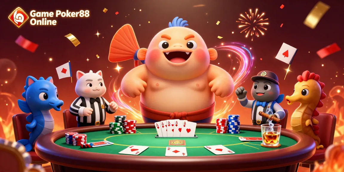 Engage with Game Poker88 Online in this exciting underwater poker scene featuring vibrant characters and action.