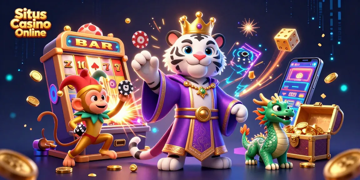 Situs Casino Online scene featuring a white tiger and monkey with a colorful slot machine explosion.