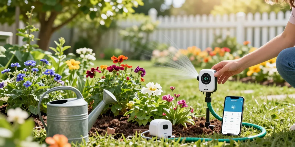 Using the RainPoint automatic watering system timer to manage a vibrant garden setup with flowers and plants.