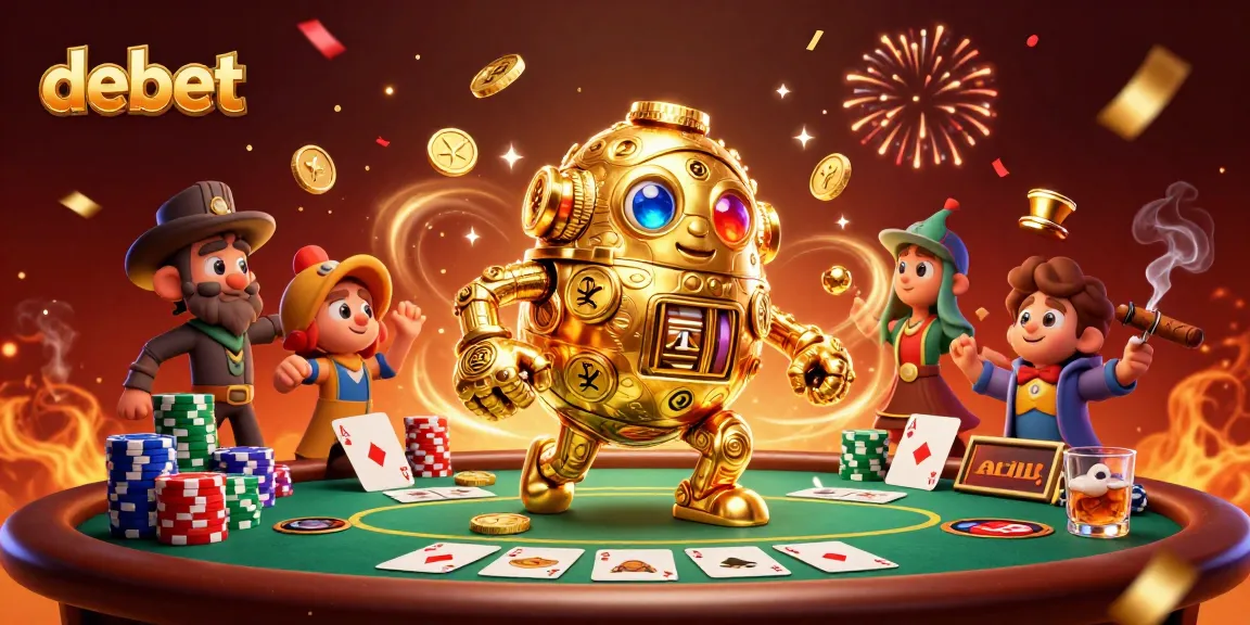 Experience the excitement of debet casino gaming with a golden golem and poker elements in this dynamic illustration.