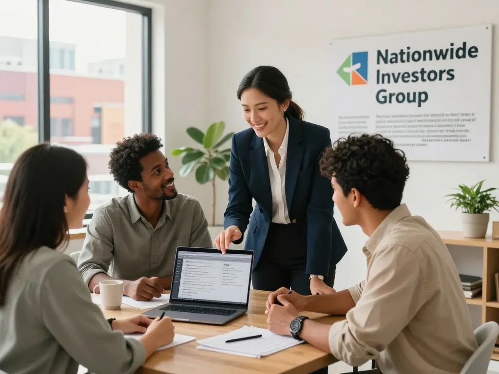 Engaging discussion with the Nationwide investors group in a modern real estate office about cash offers and investment opportunities.