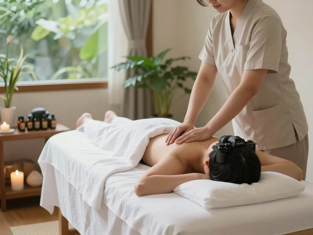 Experience a relaxing 역삼동마사지 treatment in a serene spa environment with candles and soothing decor.