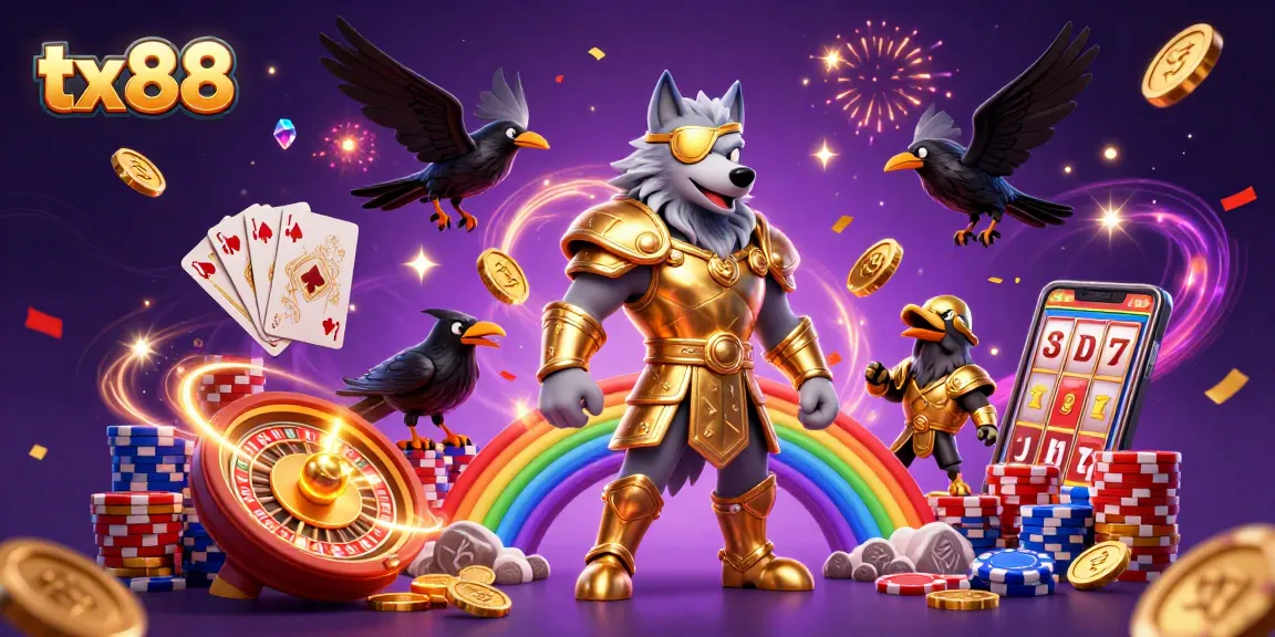Feature tx88 showcasing Odin and ravens amidst sparkling casino elements and vibrant energy.