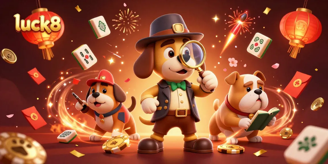 Engage luck8 players with an exciting poker investigation scene full of festive luck symbols.