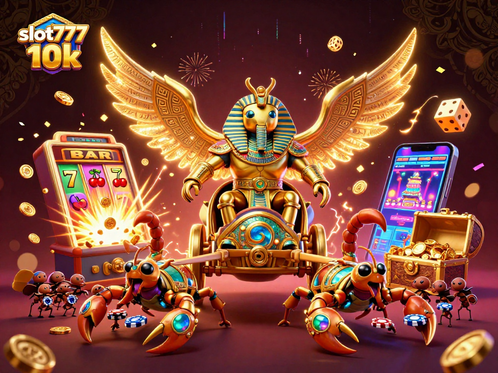 Spin and win with slot777 depo 10k in vibrant 3D casino action featuring a golden scarab and jackpots.