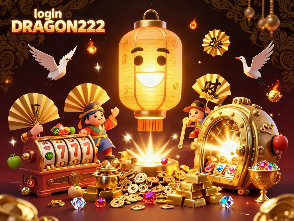 Experience thrilling gameplay with login DRAGON222, showcasing dynamic slot reels and vibrant 3D casino elements.