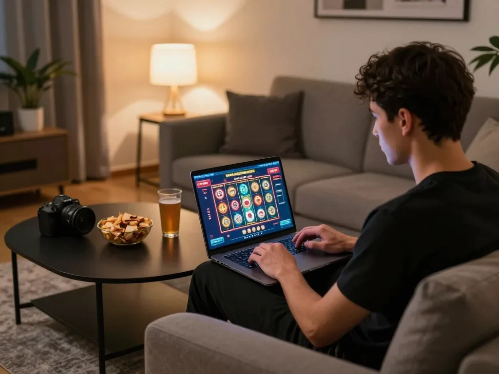 Canada online casinos reddit gaming setup at home on a laptop with cozy decor and snacks.