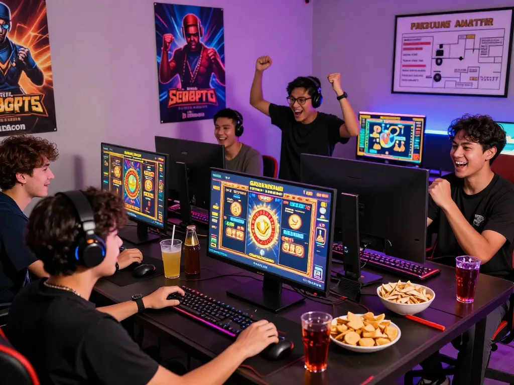 Sekelompok teman yang asyik menikmati permainan dari setting situs slot gacor, menunjukkan semangat dan kebersamaan.