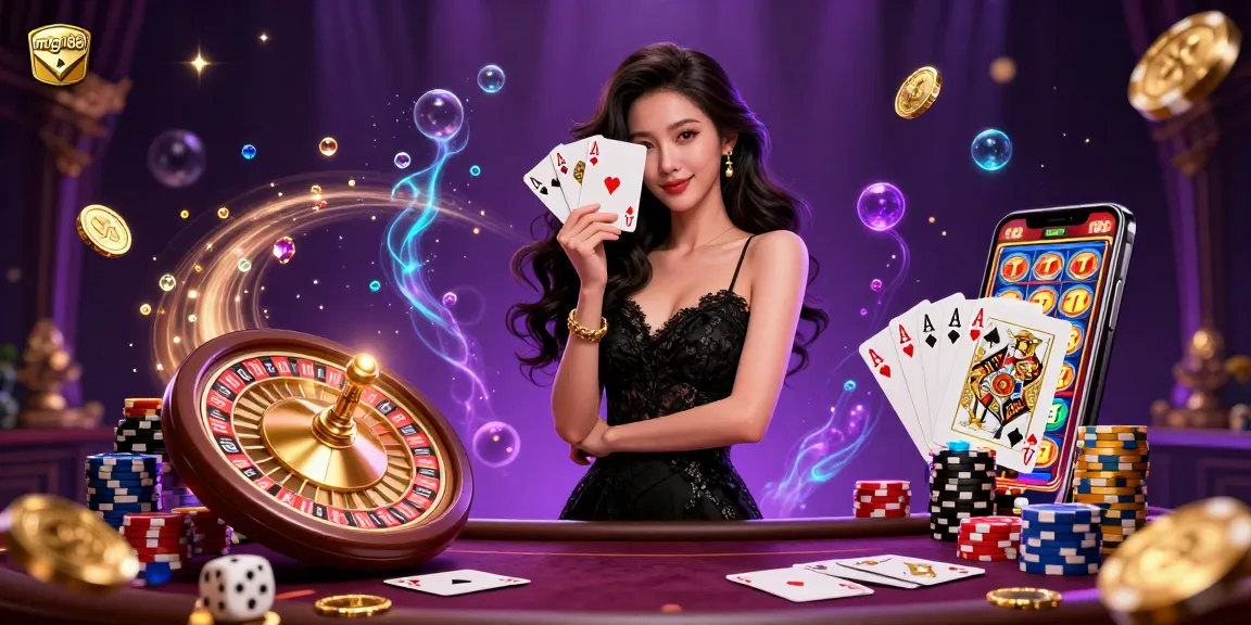Experience luxurious gaming with mdg188 and its captivating casino scene that includes vibrant playing cards and roulette.