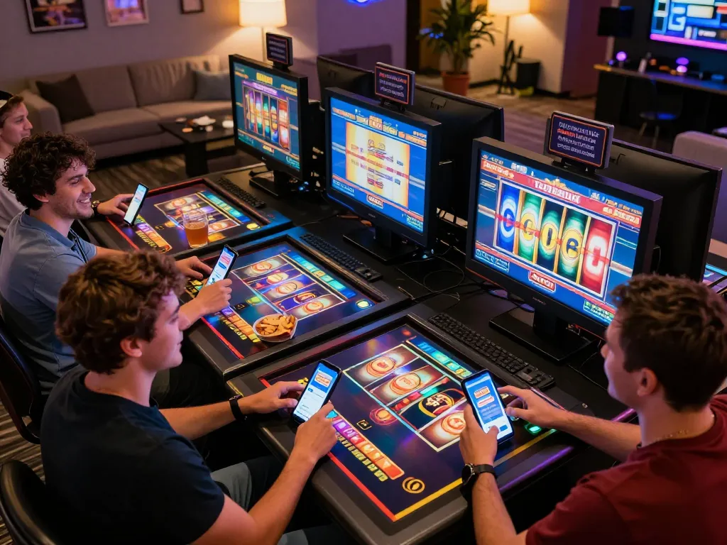 Players enjoying dynamic slot machine action on hb888 app in a cozy online gaming room, highlighting vibrant interaction.