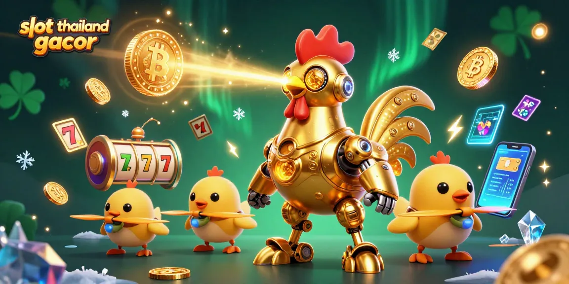 Experience action with slot thailand gacor in a vibrant 3D casino setting featuring a golden rooster robot.