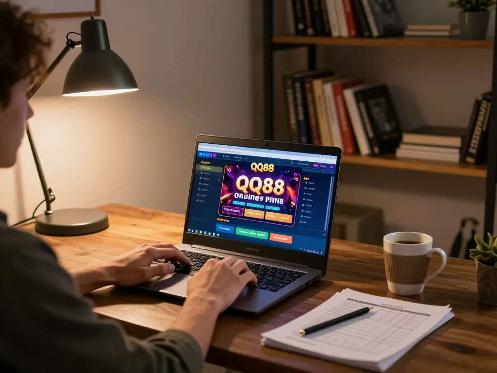 Engaged user playing QQ88 online casino on a laptop in a cozy home office, focusing on responsible gambling.