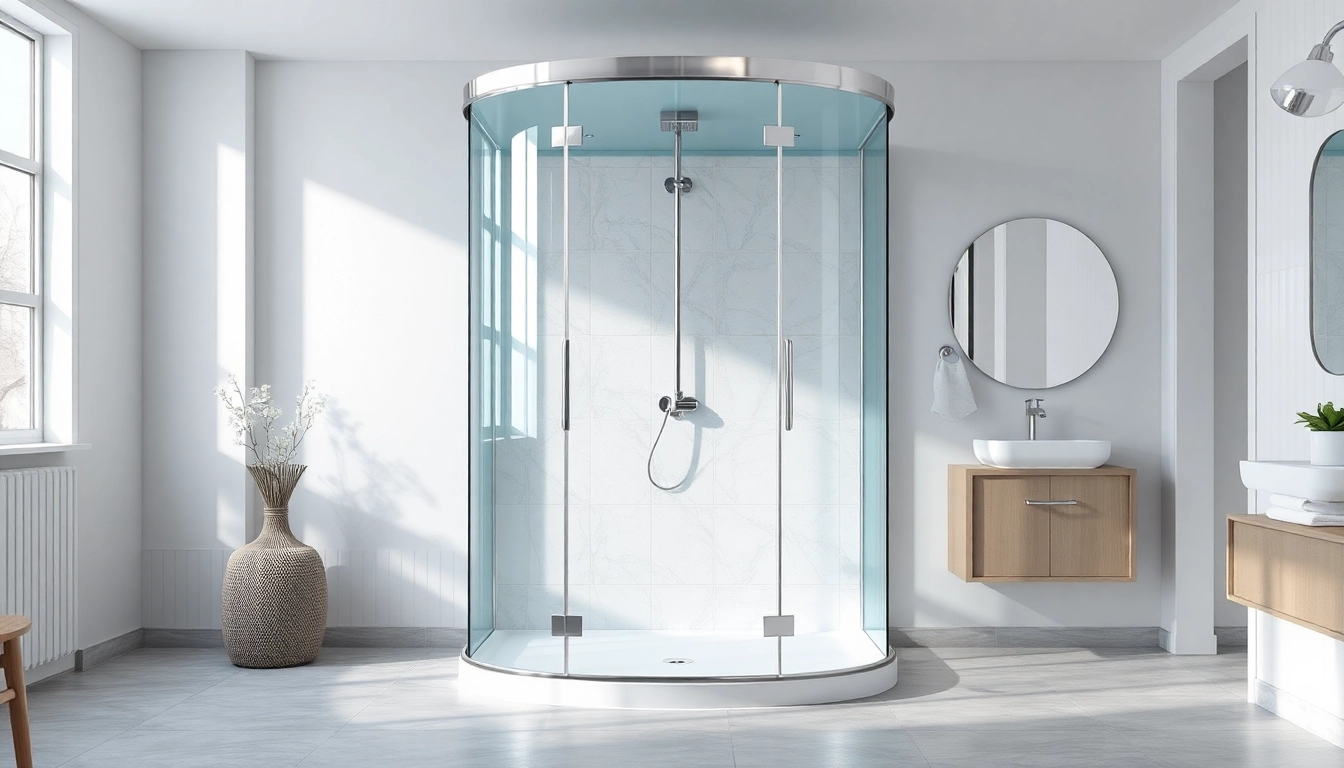 Erstklassige sonni Duschkabine im eleganten Badezimmer mit Glasoberflächen.
