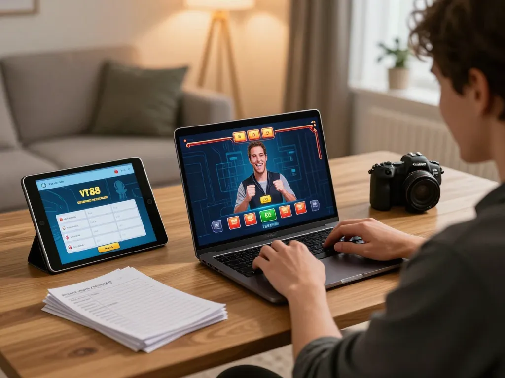 Player enjoying online gambling at home with vt88 app on laptop and tablet