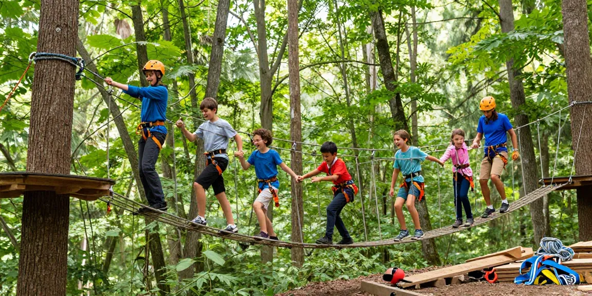 Family enjoying a rope bridge design adventure in a lush forest.