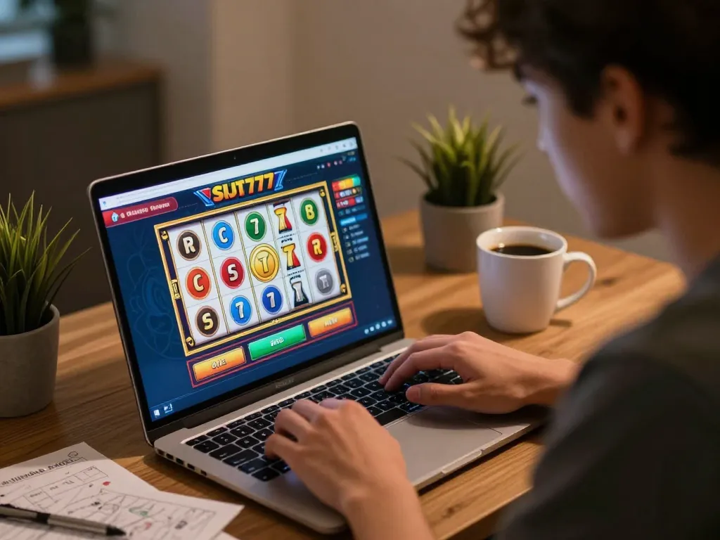 Engaging moment of a player spinning slot777 reels on a laptop in a cozy home environment, showcasing online gambling strategy.