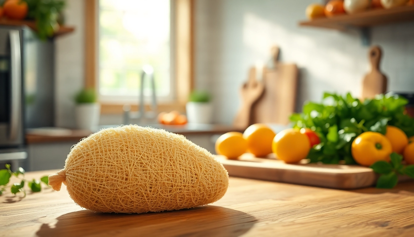 Scrub kitchen loofah scrubber on a wooden countertop surrounded by fresh vegetables for an eco-friendly kitchen.