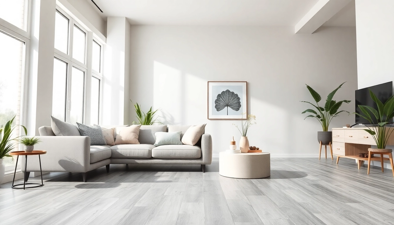 Explore cheap vinyl flooring in a bright, modern living room design with cozy furnishings.