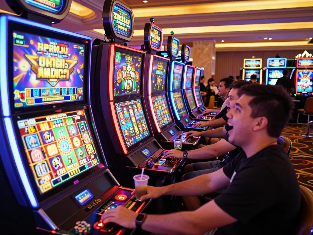 Situs slot players celebrating wins at colorful machines in a lively casino atmosphere