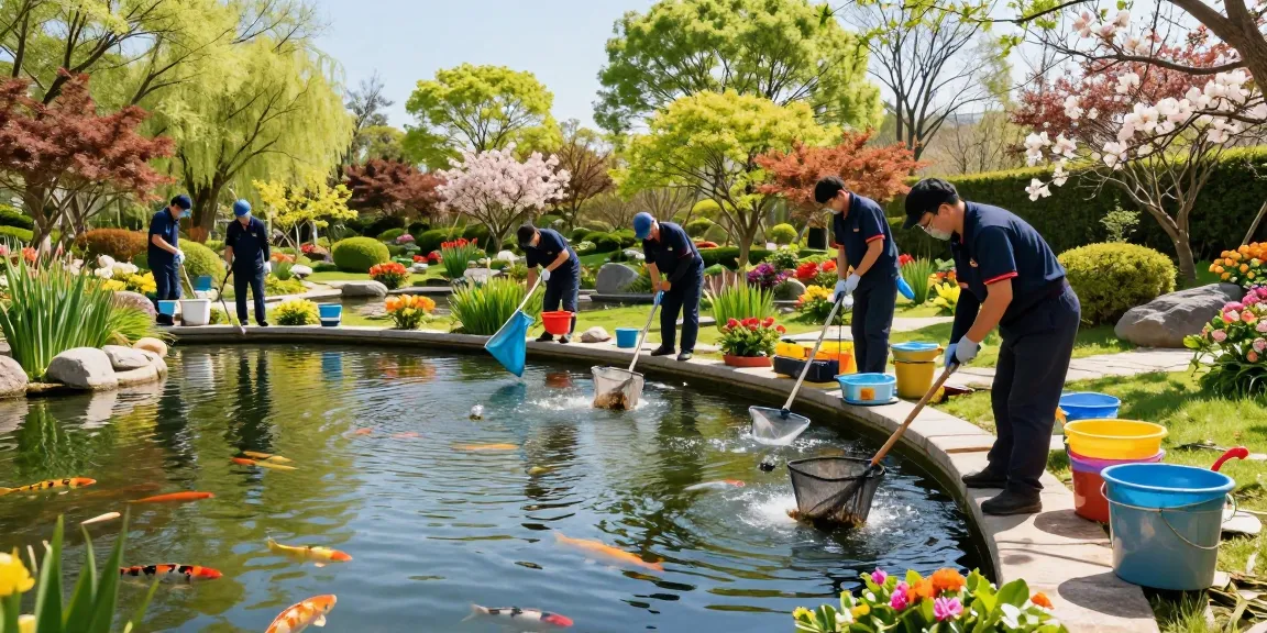 Pond cleaning companies team clearing debris from a tranquil garden pond under spring sunlight.