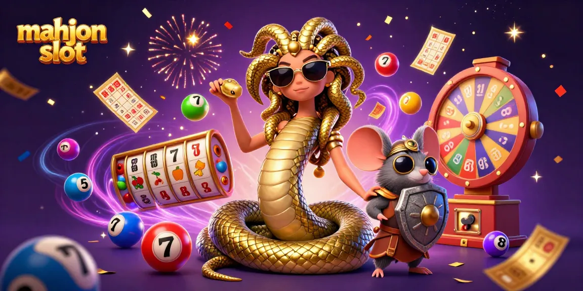 Experience the thrill of mahjong slot with Medusa and a warrior mouse in an explosive casino scene.