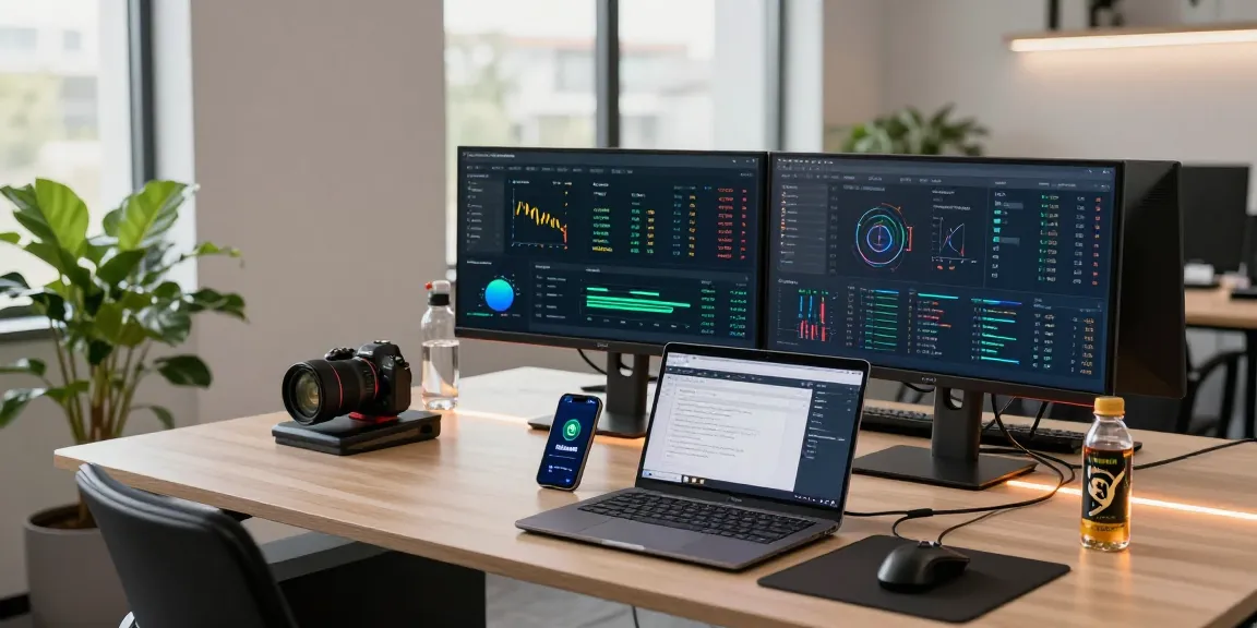 crypto cloud mining workspace showing dual monitors tracking mining stats, high-tech atmosphere, cryptocurrency management dashboard