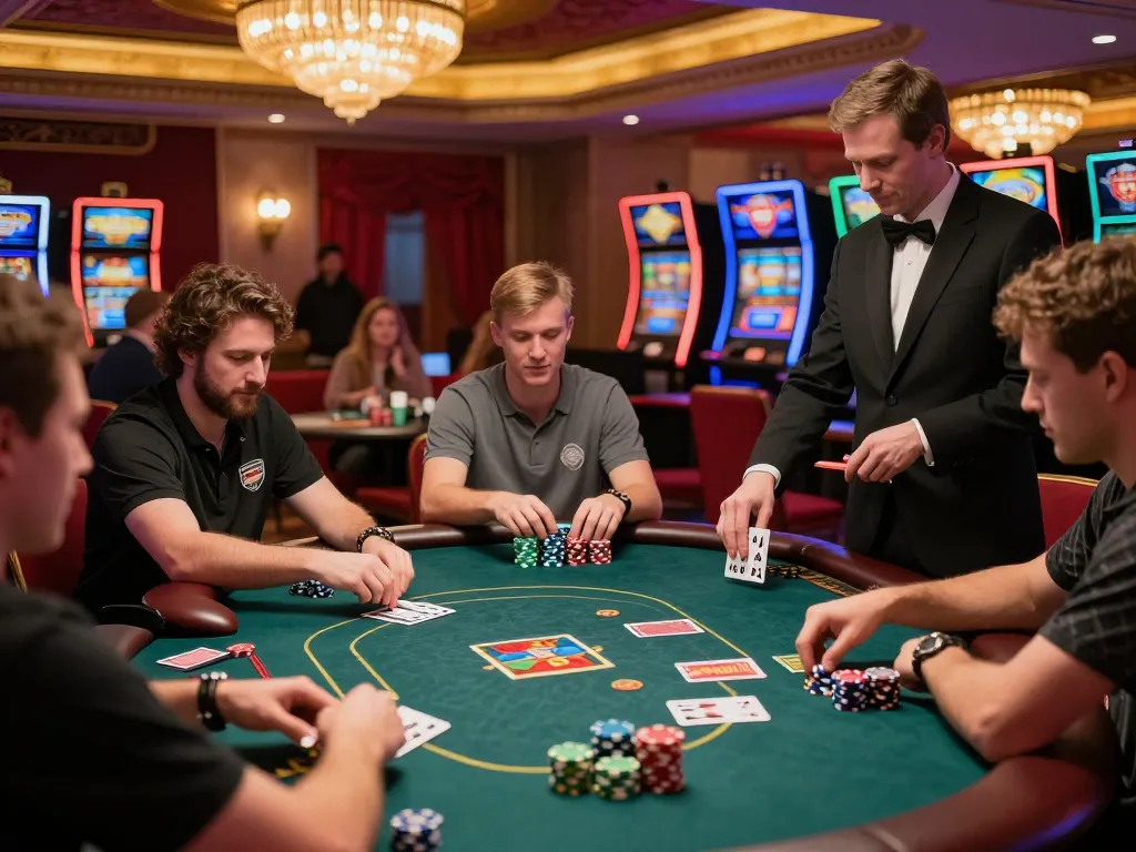 Pemain poker menganalisis tangan dan chip taruhan di lingkungan kasino mewah dengan pencahayaan ambient yang hangat.