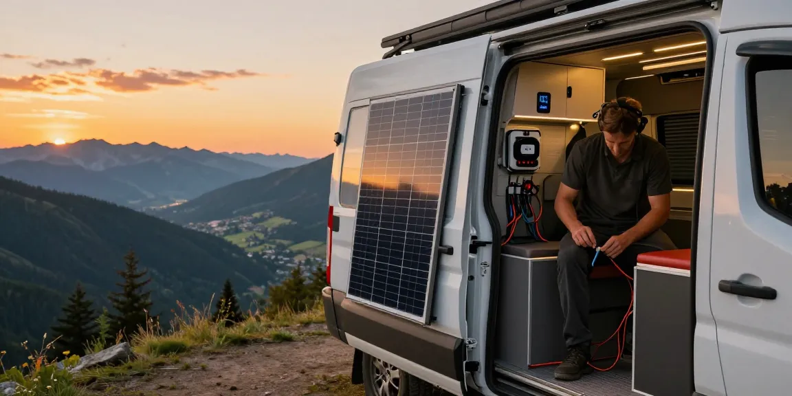 Rokok88 guides van electrification setup in scenic mountain backdrop during sunset.