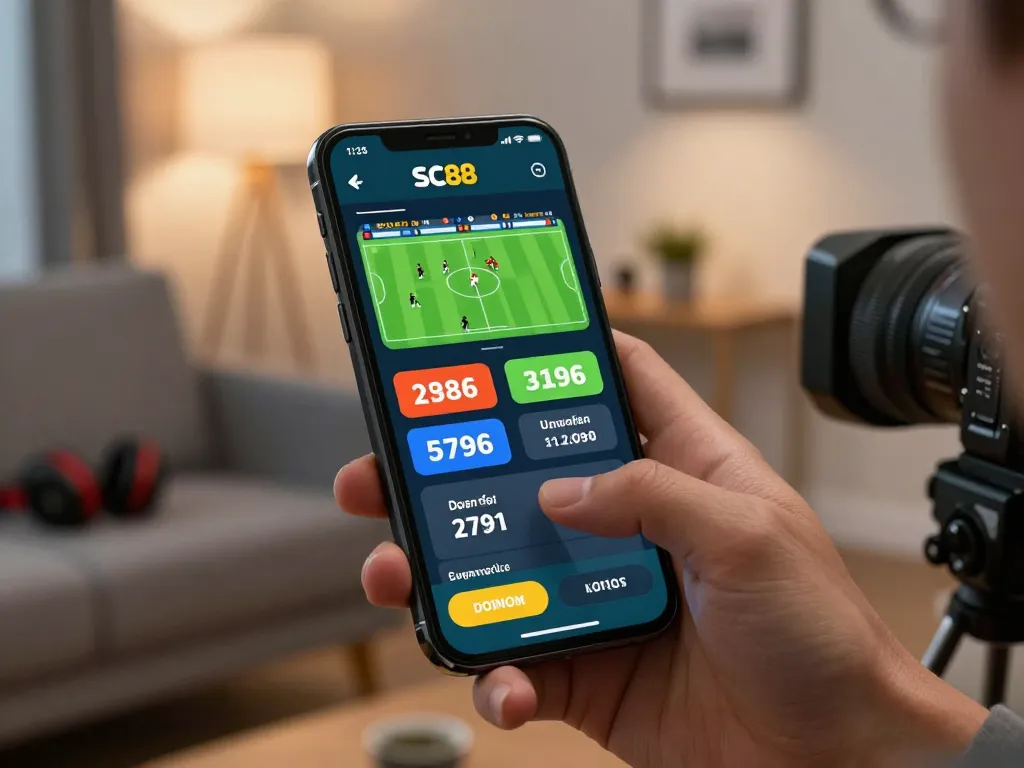 Person engaging with the SC88 betting app on a smartphone, showcasing sports odds and betting excitement.