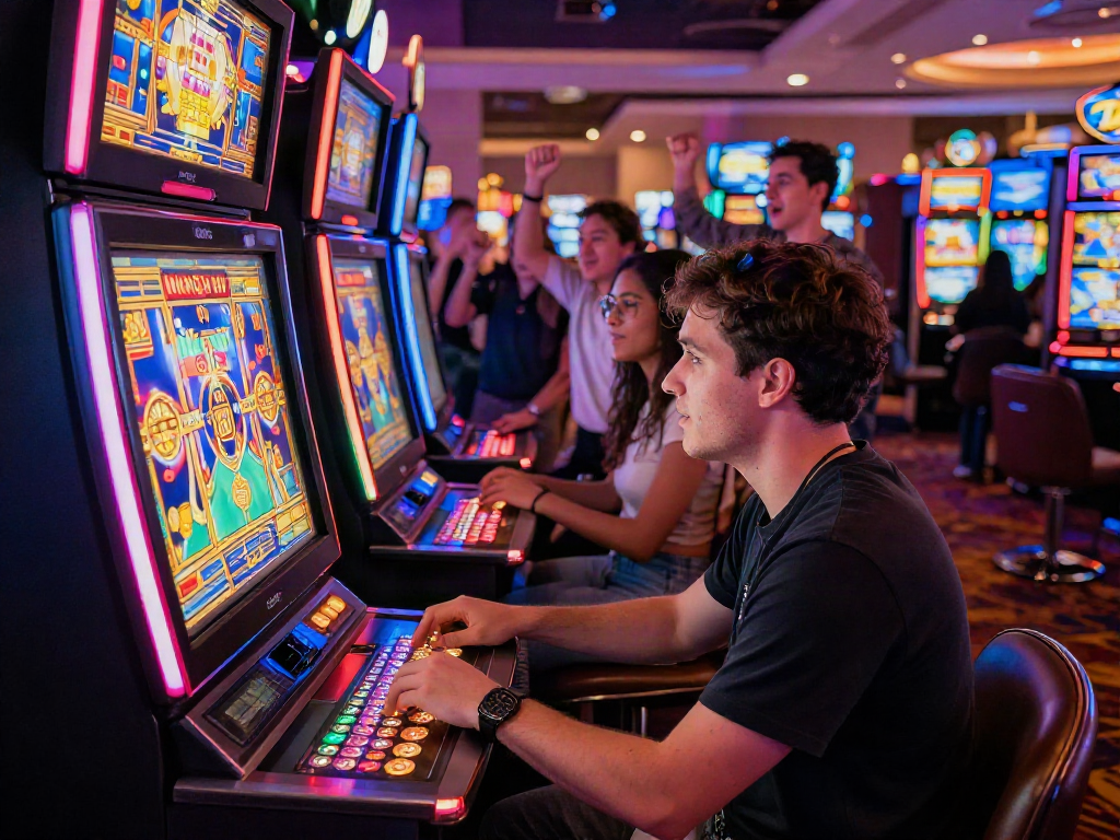 Experience bandar slot gacor excitement with a player at a vibrant casino slot machine surrounded by cheering friends.