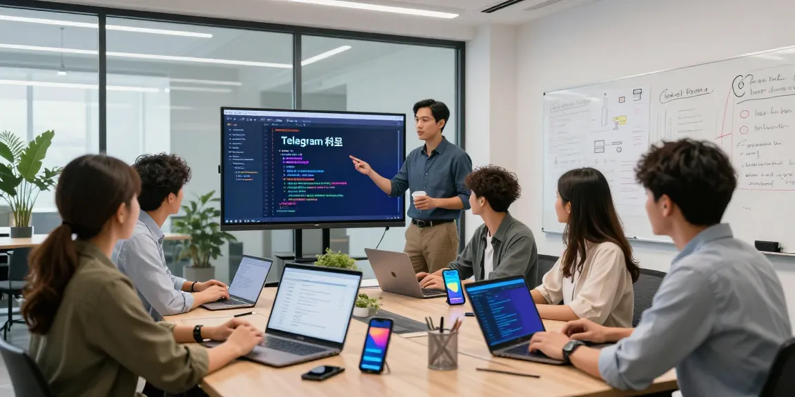 Collaborative software development session showcasing Telegram中文 features with a diverse team in a modern workspace.
