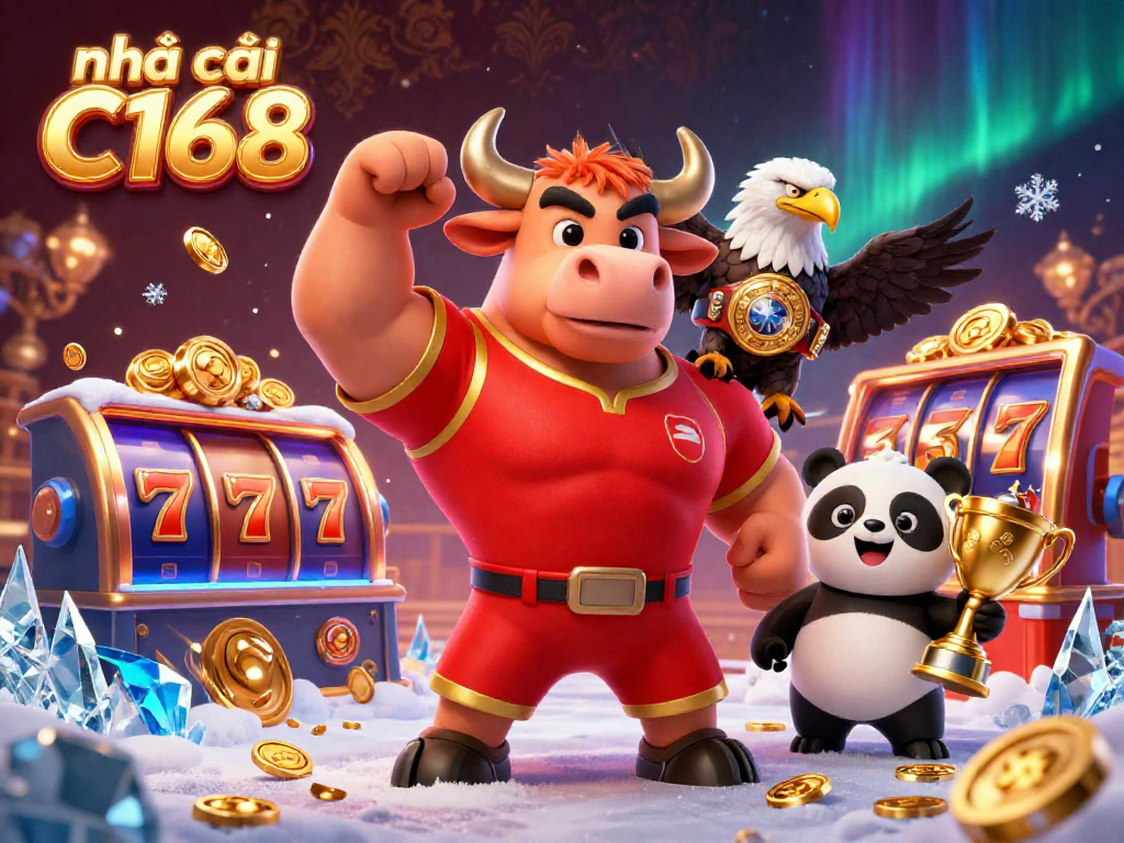 Experience the excitement of nhà cái C168 with vibrant slot game elements, a dynamic casino atmosphere, and colorful characters.