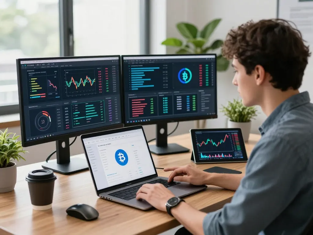 Tech professional examining data on the IODeFi official website in an innovative cloud computing office.