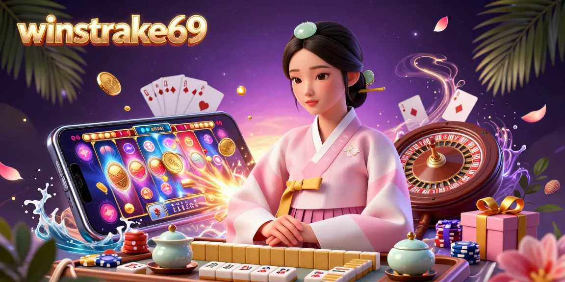 Winstrike69 entices players with a 3D illustration of an elegant woman amidst vibrant casino elements.