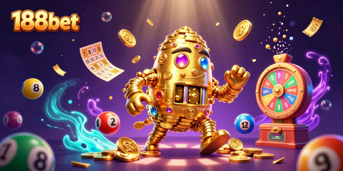 Engage in thrilling games with 188bet's vibrant slot machine and lottery elements in this dynamic illustration.