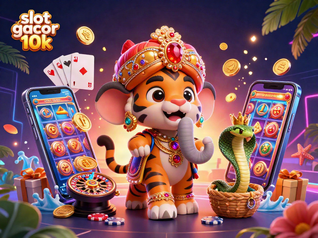 Experience slot gacor 10k with vibrant casino elements featuring a majestic maharaja tiger, jackpot themes, and dynamic slot games.