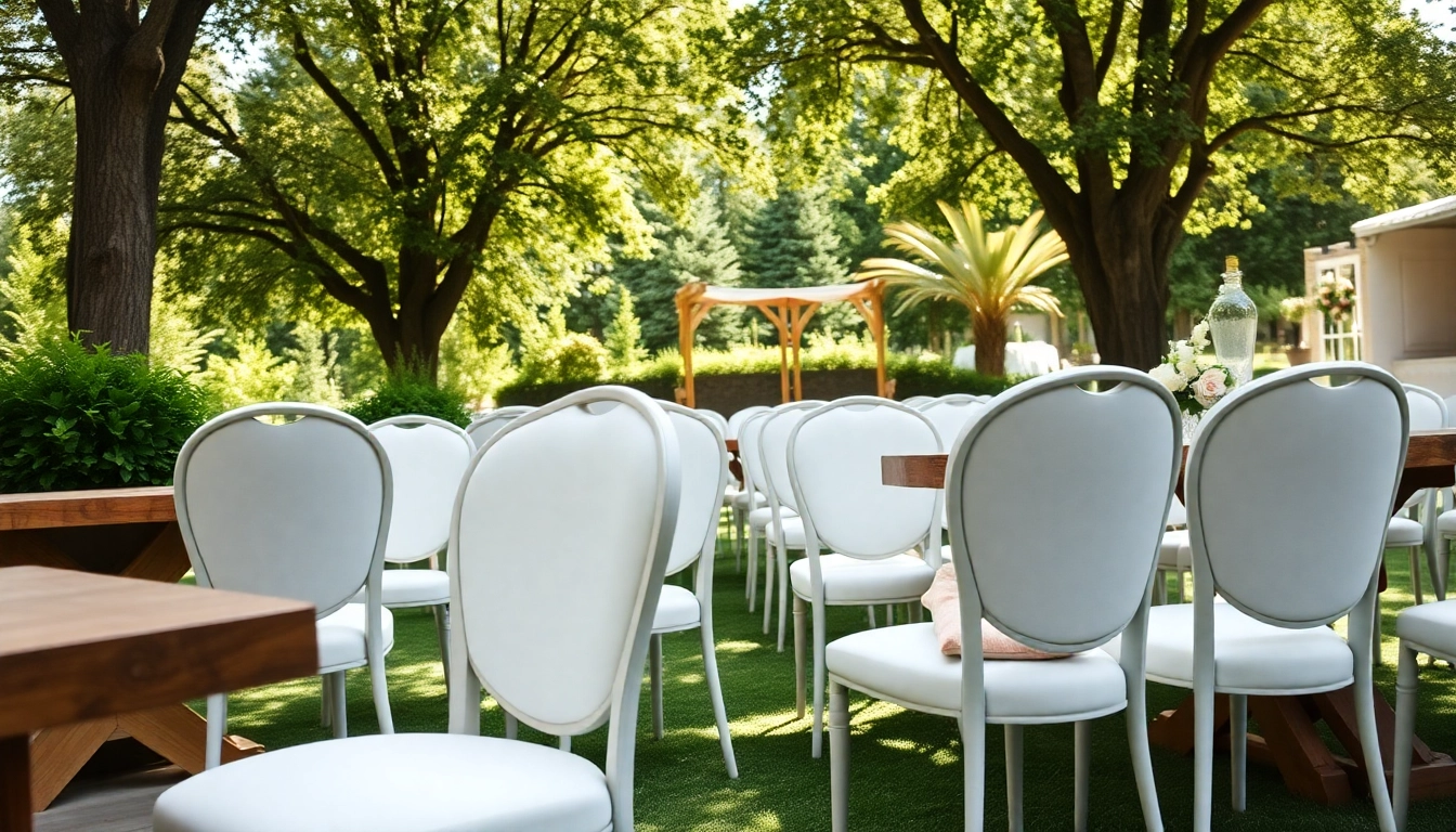 Elevate your event with stylish chair rentals, featuring elegant designs in a beautiful outdoor setting.